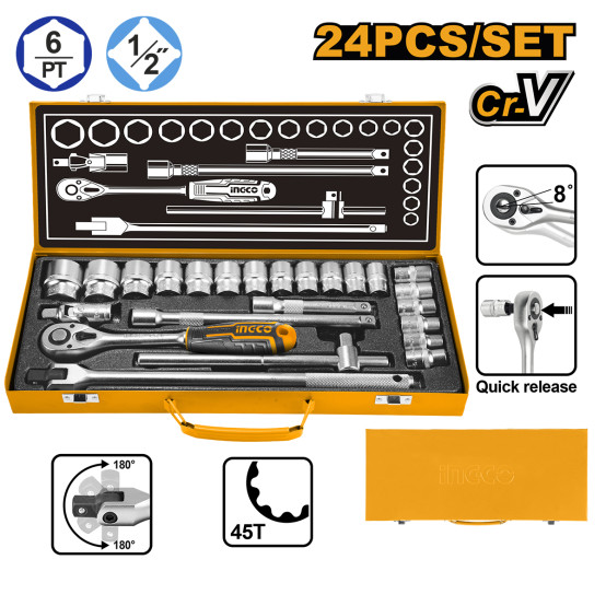 Набор головок 24 предмета с трещоткой, 1/2, INGCO HKTS12242