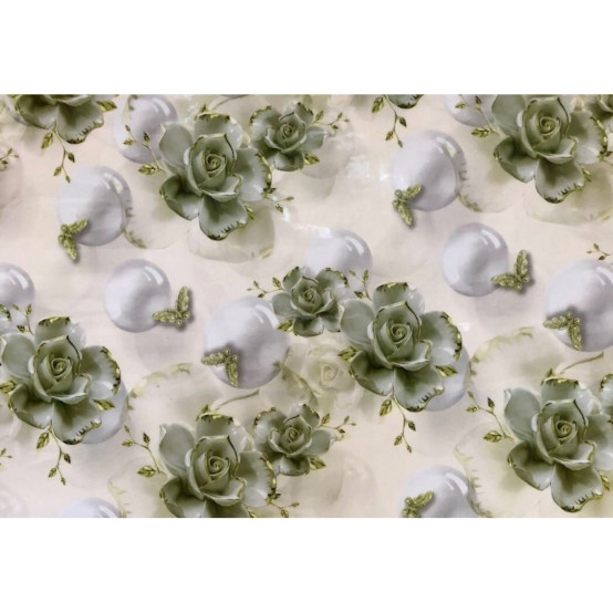 Акция! Клеенка силиконовая 1,2*20 м зеленые розы с крупным жемчугом на белом Baizheng (1/1)