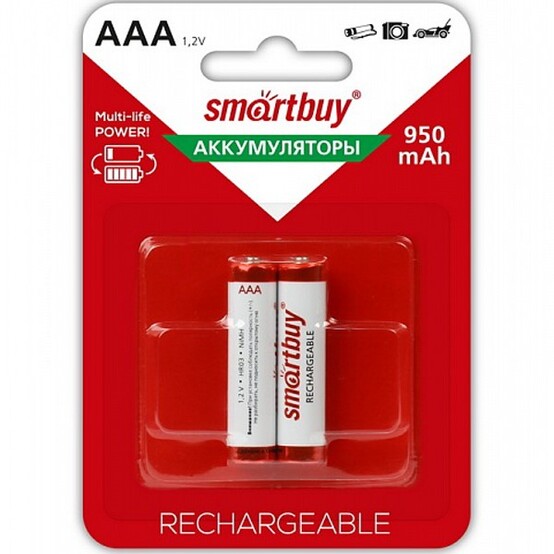 Батарейка AAA Мизинчиковая 1,5V NiMh аккумуляторная 950mAh Smartbuy (блистер 2шт) (24/240)