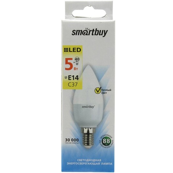 *Лампа светодиодная Е14 5Вт 3000К C37 (10/100) Smartbuy