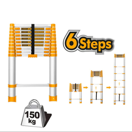 Лестница  INGCO HLAD08061 телескопическая, 6 ступеней, нагрузка 150 кг, высота 1980 мм