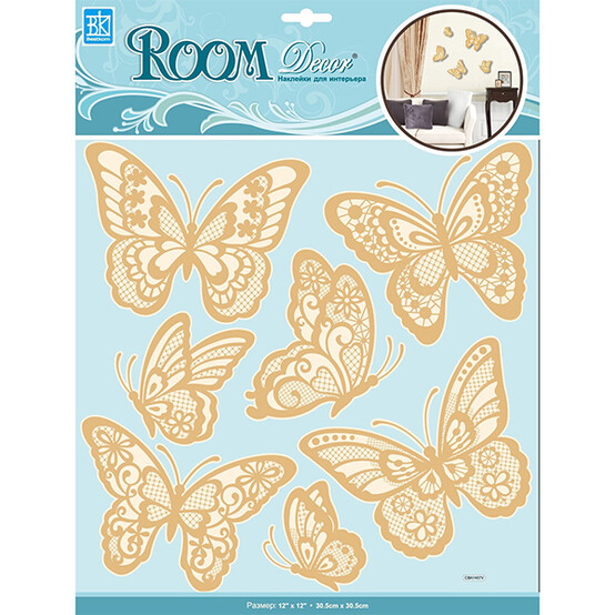 Стикер ПВХ 30,5*30,5 см мерцающие бабочки золото Room Décor