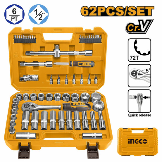 Набор головок 62 предметов с трещоткой 1/2" INGCO HKTS12602 INDUSTRIAL